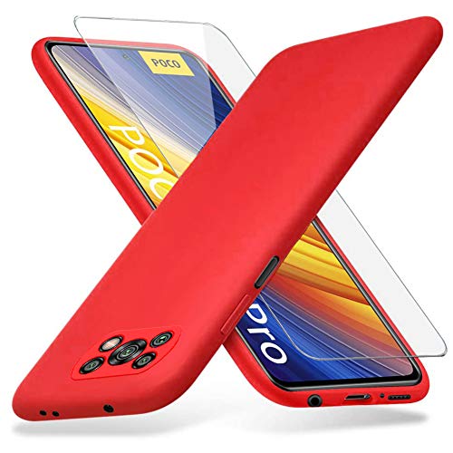 Richgle Kompatibel mit Xiaomi Poco X3 Pro/Poco X3 NFC Hülle & Schutzfolie, Dünn Weich TPU Silikon Hülle Handyhülle Schutzhülle Case Kompatibel mit Poco X3 Pro - Rot RG80593 von Richgle