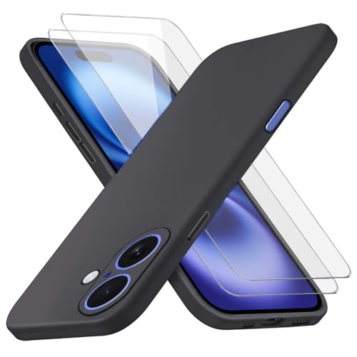 Richgle Kompatibel mit iPhone 16 Hülle & [2 Stück] Glas Schutzfolie, Dünn Weich Silikon Hülle Handyhülle Schutzhülle Case Kompatibel mit iPhone 16 (6.1") - Schwarz RG82851 von Richgle