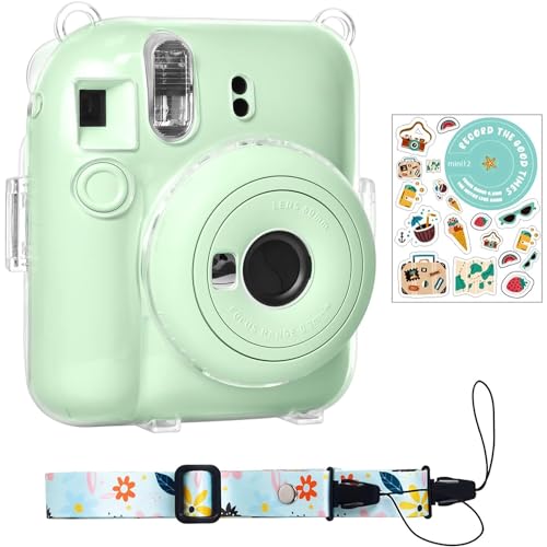 Rieibi Tasche für Fuji Instax Mini 12, Polaroid Hülle für Fujifilm Instax Mini 12 Sofortbildkamera, Schultergurt und schönem Aufkleber für Instax Mini 12 – Grün von Rieibi