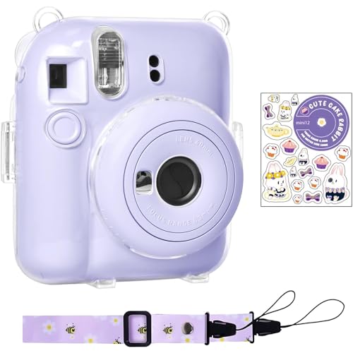 Rieibi Tasche für Fuji Instax Mini 12, Polaroid Hülle für Fujifilm Instax Mini 12 Sofortbildkamera, Schultergurt und schönem Aufkleber für Instax Mini 12 – Lila von Rieibi