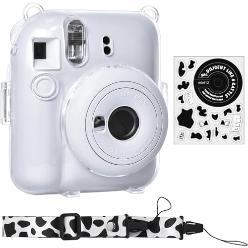 Rieibi Tasche für Fuji Instax Mini 12, Polaroid Hülle für Fujifilm Instax Mini 12 Sofortbildkamera, Schultergurt und schönem Aufkleber für Instax Mini 12 – Milch von Rieibi