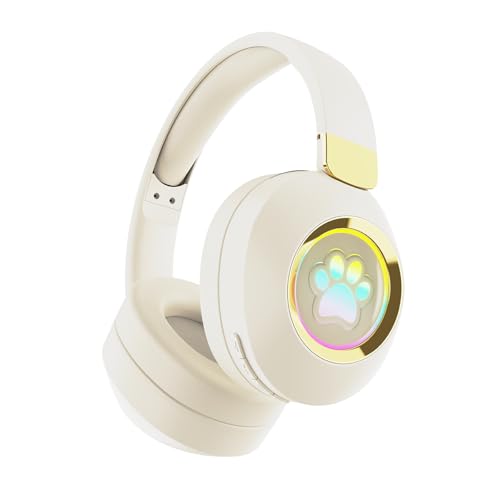 RigWig ST856 Kabellose Bluetooth-Kopfhörer, Hundepfoten-Design, bunte LED-Lichter, 40-mm-Lautsprecher, Bluetooth 5.3, FM-Radio, faltbar und bequem für Kinder, Reisen, Arbeit, Beige von RigWig