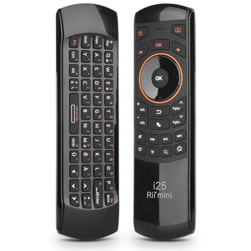 Rii Air Mouse mit 6 Axis Gyroskop, Tastatur Maus Set Kabellos ist Wiederaufladbar, Universalfernbedienung für HTPC/TV Box, PC Fernbedienung mit IR-Lernfunktion, QWERTZ, 2.4GHz, Schwarz von Rii