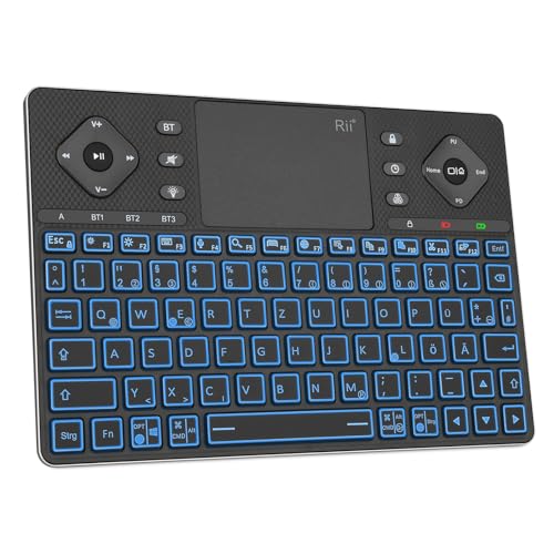 Rii Bluetooth Tastatur mit Großes Touchpad, Multimedia Tastatur mit 12 Farben Beleuchtete für Android TV,Projector,HTPC,Smart TV,Tablet,iPad,PC,Laptop-Deutsch Layout, Schwarz von Rii