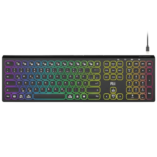 Rii Bluetooth Tastatur Kabellos, Gaming Tastatur Bluetooth mit QWERTZ, Tastatur Gaming Keyboard mit Halterung, Kabellose Tastatur Beleuchtet für PC/Tablet von Rii