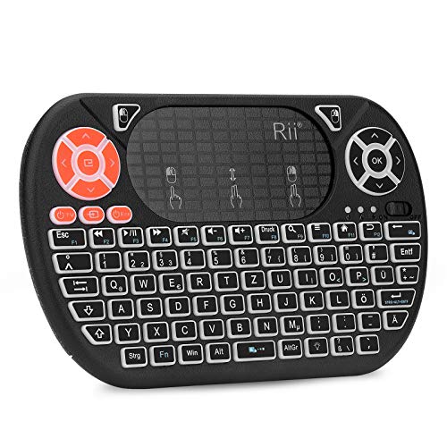 Rii F8 Mini Tastatur Wireless, Kabellos Tastatur mit 8 IR-Lerntaste, LED Hintergrundbeleuchtung und Touchpad für Smart TV, HTPC, IPTV, Android TV-Box, PC (Deutsches, Schwarz) von Rii