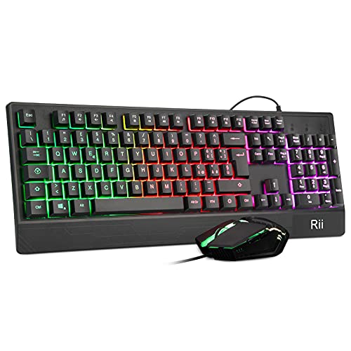Rii Gaming RK400+ (italienisches Layout) - Set aus Tastatur und Maus, LED-Hintergrundbeleuchtung 7 Farben (Regenbogen), Anti-Ghosting, Empfindlichkeit einstellbar bis zu 3.200 dpi von Rii