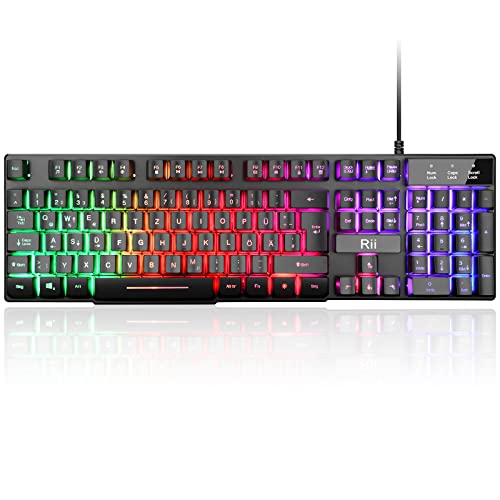 Rii Gaming Tastatur PC, RGB Tastatur kabelgebunden, Regenbogen Beleuchtete Tastatur LED, Gaming Keyboard ideal für Gamer|Büro（Deutsches Layout） von Rii