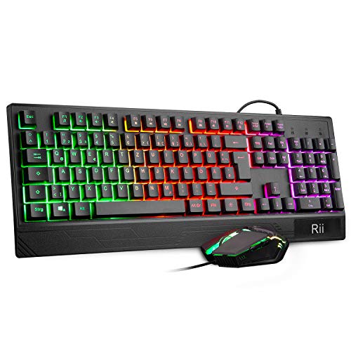 Rii Gaming Tastatur und Maus Set, Maus und Tastatur, RGB Hintergrundbeleuchtung QWERTZ (DE-Layout), Regenbogen Farben Beleuchtete USB Wasserdicht mit 3200 DPI für Pro PC Gamer von Rii