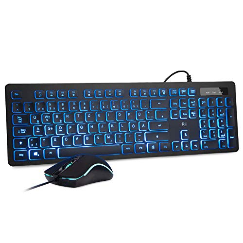 Rii Gaming Tastatur und Maus Set mit Kabel, 3 LED Hintergrundbeleuchtung QWERTZ (DE-Layout), Kabelgebundene Tastatur mit Maus für PC, Computer, Laptop, Schwarz von Rii