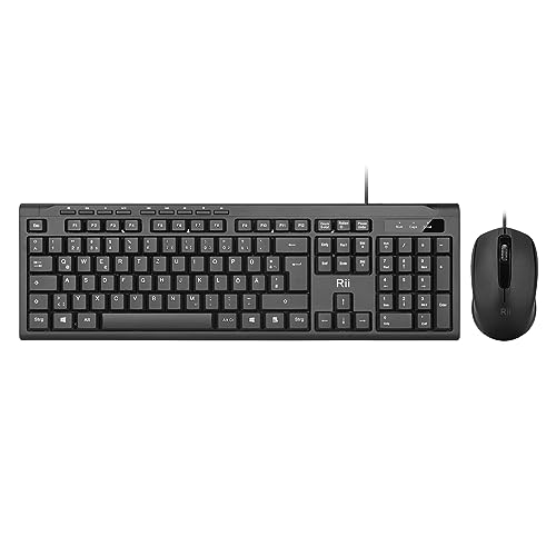 Rii Kabelgebundenes Tastatur-Maus-Set, PC Tastatur mit Kabel, Spritzwassergeschützt, Ergonomisch, USB-Anschluss, PC/Laptop, Windows/macOS, Büro/Schule - Deutsches QWERTZ Layout, Schwarz von Rii