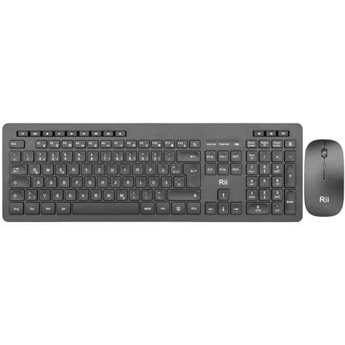 Rii Leise Tastatur Maus Set kabellos, Funktastatur mit Maus, Wireless Keyboard and Mouse, Für PC/Laptop/Windows/Smart TV, Deutsches Layout - schwarz von Rii