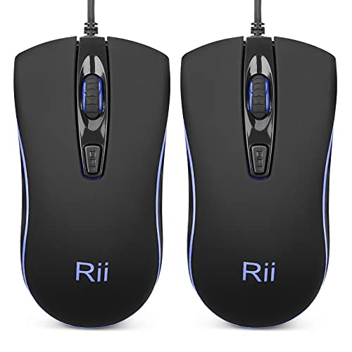 Rii Maus mit Kabel, Optical Mouse Verdrahtete Ergonomische Maus mit 4 Tasten, 800/1200/1600 DPI und Blau Lichteffekt, für Windows/Mac/Linux/IOS, USB-Kabel 150 cm, Schwarz，2 Stück von Rii