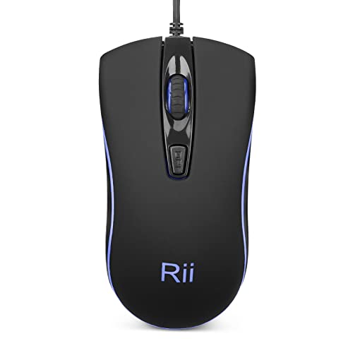 Rii Maus mit Kabel, Optical Mouse Verdrahtete Ergonomische Maus mit 4 Tasten, 800/1200/1600 DPI und Blau Lichteffekt, für Windows/Mac/Linux/IOS, USB-Kabel 150 cm, Schwarz von Rii