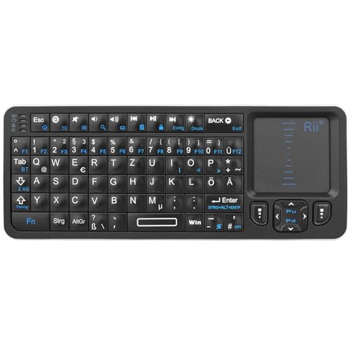 Rii Mini Tastatur Bluetooth mit Touchpad, Wireless Tastatur mit IR-Lernen und Hintergrundbeleuchtung für Android TV Box/Mac/Laptop/Windows/Tablet (DE Layout) von Rii