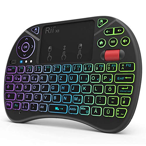 Rii Mini Tastatur Mit Touchpad, 2,4 GHz Kabellos, Smart TV, 8 Farbige Hintergrundbeleuchtung und Scrollrad (Deutsches, Schwarz) von Rii
