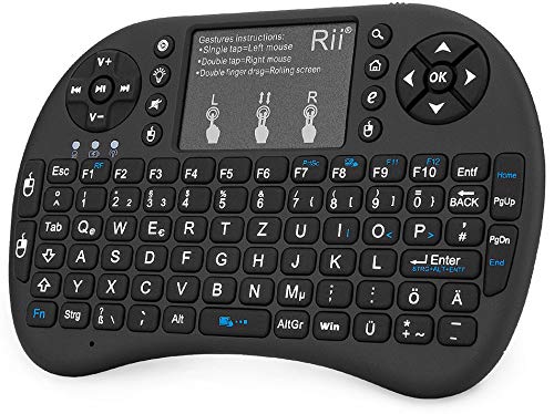 Rii Mini i8+ Schwarz mit Hintergrundbeleuchtung - Mini Wireless Tastatur mit Multitouch Touchpad perfekt für KODI, XBMC, Smart TV, Raspberry Pi, Mini PC, HTPC, Mac, Linux, Android, Windows 7, 8, 10 (2,4 GHz Funk) von Rii