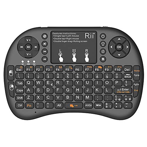 Rii, Mini i8+, Wireless-Mini-Tastatur mit Mouse-Touchpad und Hintergrundbeleuchtung für Smart TV, Mini PC, HTPC, Konsole, Computer (italienisches Layout) i8+ Wireless (NERO) von Rii
