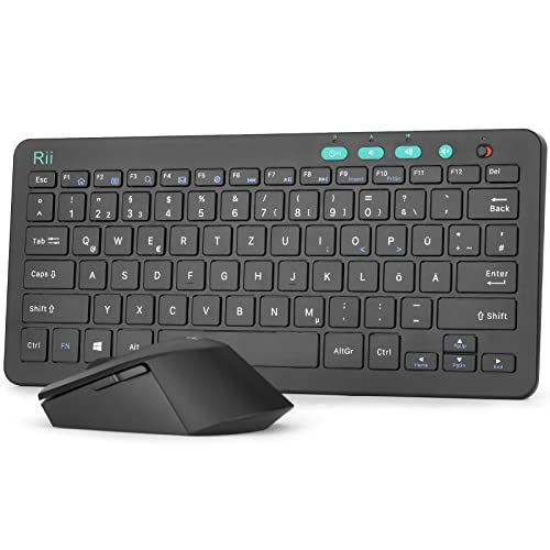 Rii Tastatur Maus Set Kabellos, 2.4G Kabellose Kompakte Tastatur mit Funkmaus für Laptop, PC und Smart TV, Deutsches QWERTZ Layout, Schwarz von Rii