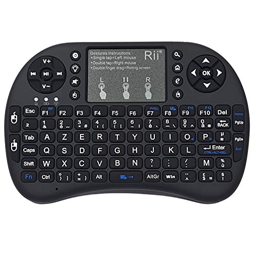 Rii i8+: Mini-Tastatur (AZERTY), Hintergrundbeleuchtung, ergonomisch, mit Touchpad – für Raspberry 3/4, SmartTV, Mini PC, HTPC, Konsole, PC von Rii