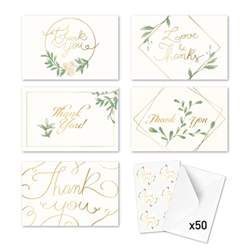 Rileys & Co Dankeskarten für Hochzeit mit Umschlag & Aufkleber - je 50 Stück - 5 verschiedene Designs - hochwertige Thank You Cards - Perfekte Dankeschön Karte für Hochzeit - 15,2 x 10,2cm (Gold) von Rileys & Co