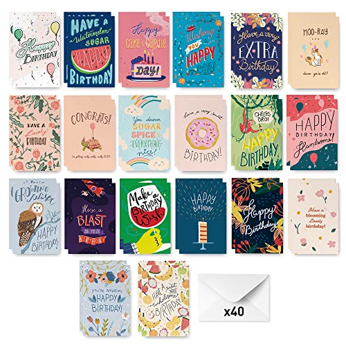 Rileys & Co Geburtstagskarten Set mit Umschlägen - je 40 Stück - 20 verschiedene Designs - hochwertige Glückwunschkarten zum Geburtstag - Perfekt für Frauen, Männer, Kinder jeden Alters - DIN A6 von Rileys & Co