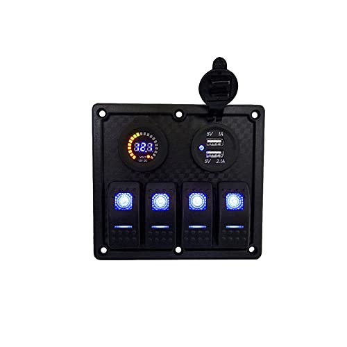 Riloer 4-Gang-Kombinationsschalter-Panel, 12-V-Marine-Boot-Auto-Dual-USB-Buchse Autoladung, wasserdichtes Ein- / Aus-Wippschalterfeld mit blauer LED-Kontrollleuchte von Riloer
