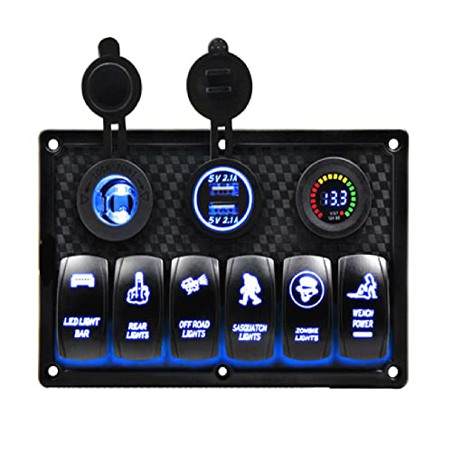 Riloer 6-Gang-Kombinationsschalter-Panel, 12V - 24V ABS Marine Boat Car Rocker Switch Control Panel mit blauem LED-Licht, für Nebelscheinwerfer von Riloer