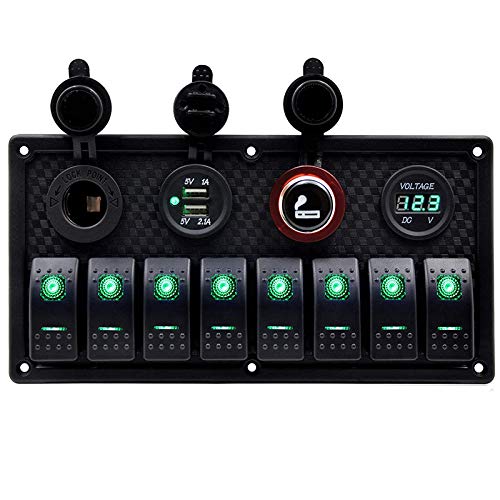 Riloer 8 Gang Kombinations-Schalter-Panel, 12V / 24V Marine Boot Auto RV USB Toggle Wippe Ein-Aus-Leistungsschalter Überlastschutz mit LED-Licht, mit Voltmeter von Riloer