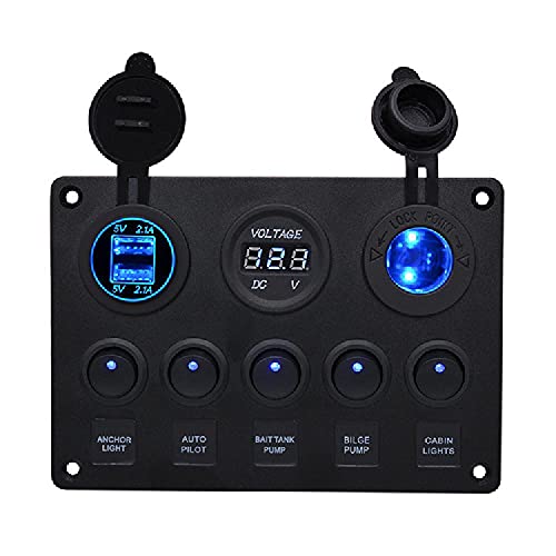 Riloer Grüne LED Voltmeter Schalttafel Bedienpanel Schalter 12V 5 Gang USB Hafen Wasserdicht von Riloer