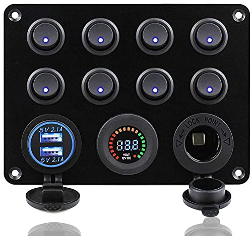 Riloer Panel mit 8 Wippschaltern 12-24V mit Dual-USB-Anschluss, 12V Digitalvoltmeter, Steckdose - für Auto, Boot und LKW von Riloer