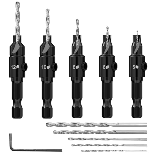 Riloventa 5 Stück Bohrer Set, Holzbohrer, Kegelsenker mit 5 Ersatz Bohrern und 1 Schraubenschlüssel, Senkbohrer, Bohrer mit Senker, Senkerbohrer, Senker Bohrer Set für Hölzerne Bohrende(Schwarz) von Riloventa