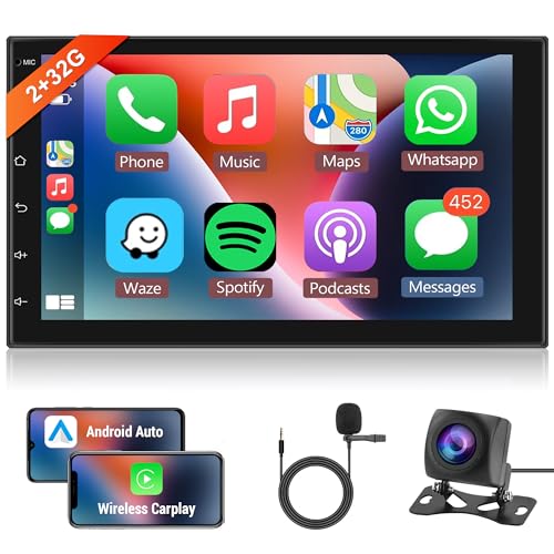 2G+32G Wireless Apple Carplay Android Autoradio 2 Din mit Android Auto GPS Navi WiFi 7 Zoll Autoradio mit Bluetooth FM/RDS AI DSP/USB/DAB+/OBD2/HiFi/DVR Lenkradsteuerung + Rückfahrkamera Mikrofon von Rimoody