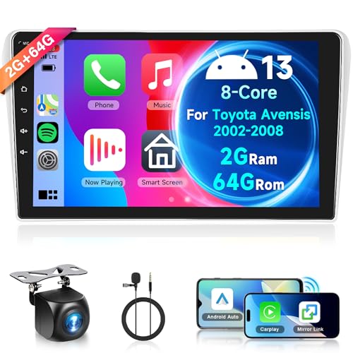Rimoody 2G+64G Wireless Carplay Android 13 Autoradio 2 Din für Toyota Avensis 2003-2009 9 Zoll Autoradio mit Android Auto Navi GPS WiFi Mirror Link Bluetooth FM/RDS/DAB/OBD/DVR/EQ/SWC Rückfahrkamera von Rimoody