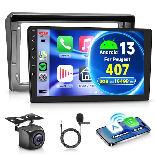 2G+64G Wireless Carplay Android 13 Autoradio 2 Din für Peugeot 407 2004-2011 9 Zoll Autoradio mit Android Auto Navi GPS WiFi Mirror Link Bluetooth FM/RDS DAB/OBD/DVR/Lenkradsteuerung Rückfahrkamera von Rimoody