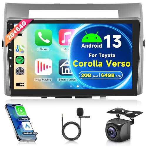 2G+64G Wireless Carplay Android 13 Autoradio 2 Din für Toyota Corolla Verso 2004-2009 mit Android Auto Navi GPS WiFi 9 Zoll Autoradio mit Mirror Link Bluetooth FM/RDS Radio DAB/EQ/SWC Rückfahrkamera von Rimoody