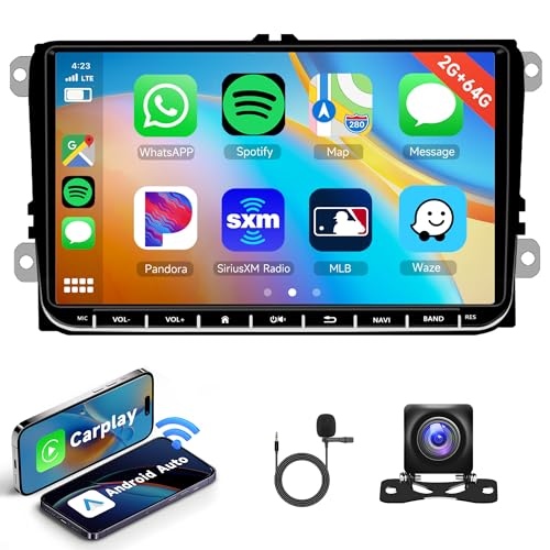 2G+64G Wireless Carplay Android Autoradio für VW Golf 5 6 Passat Polo Tiguan Touran Caddy Skoda mit Android Auto GPS Navi WiFi Mirror Link 9 Zoll Autoradio mit Bluetooth FM/RDS/DAB+/DVR Rückfahrkamera von Rimoody