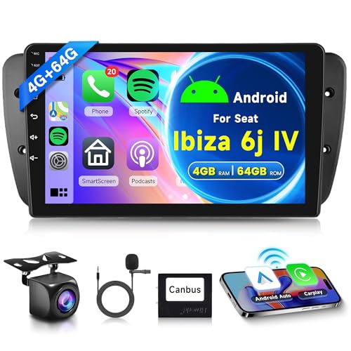 4G+64G Wireless Carplay Android 13 Autoradio 2 Din für Seat Ibiza 6j IV 2009-2014 9 Zoll Autoradio mit Android Auto Navi GPS WiFi Mirror Link Bluetooth FM/RDS Radio 32 EQ/SWC Rückfahrkamera von Rimoody