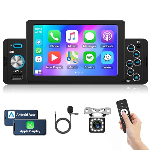 Apple Carplay Autoradio 1 Din mit Android Auto Bluetooth Freisprecheinrichtung 5 Zoll Autoradio mit Android/IOS Mirror Link Bluetooth FM USB/AUX/TF/Type C/EQ Lenkradsteuerung Rückfahrkamera Mikrofon von Rimoody