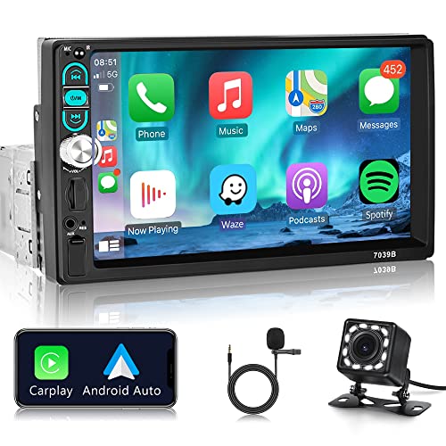 Apple Carplay Autoradio 1 Din mit Android Auto Bluetooth Freisprecheinrichtung 7 Zoll Touchscreen mit IOS Mirror Link FM/USB/AUX Mikrofon Lenkradsteuerung + Rückfahrkamera von Rimoody