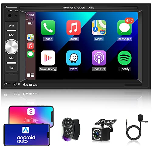 Apple Carplay Autoradio 2 Din mit Android Auto Bluetooth Freisprecheinrichtung 6.2 Zoll Touchscreen Autoradio mit Mirror Link FM/USB/AUX/EQ/TF Lenkradsteuerung + Rückfahrkamera Mikrofon Fernbedienung von Rimoody