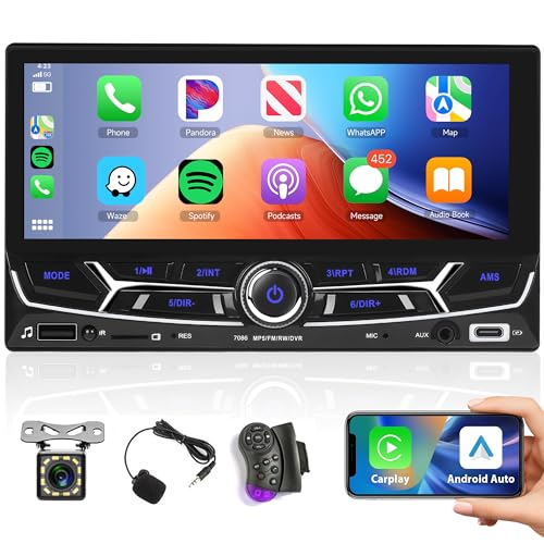 Apple Carplay Autoradio 2 Din mit Android Auto Bluetooth Freisprecheinrichtung 6.86 Zoll Touchscreen Autoradio mit Mirror Link Bluetooth FM/USB/AUX/TF/Type C/EQ/DVR Lenkradsteuerung + Rückfahrkamera von Rimoody