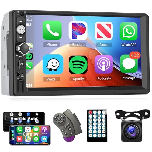 Apple Carplay Autoradio 2 Din mit Android Auto Bluetooth Freisprecheinrichtung 7 Zoll Touchscreen Autoradio mit Mirror Link Bluetooth FM Radio USB/AUX/TF Lenkradsteuerung + Rückfahrkamera Mikrofon von Rimoody