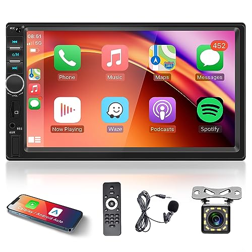 Apple Carplay Autoradio 2 Din mit Android Auto Bluetooth Freisprecheinrichtung 7 Zoll Touchscreen Autoradio mit Mirror Link FM/USB/AUX/EQ/TF Lenkradsteuerung + Rückfahrkamera Mikrofon Fernbedienung von Rimoody