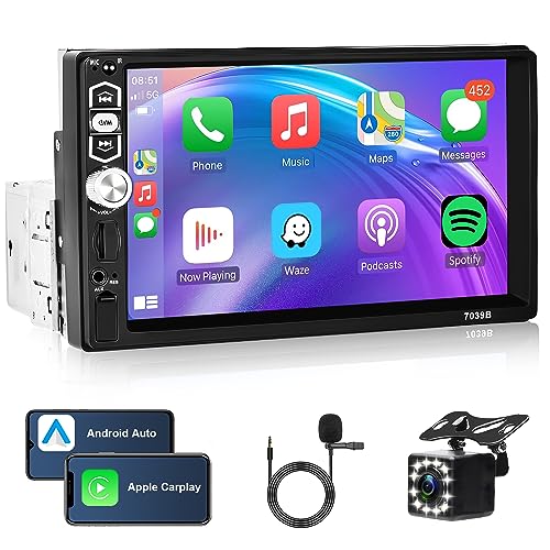 Autoradio 1 Din mit Apple Carplay Android Auto Bluetooth Freisprecheinrichtung 7 Zoll Touchscreen Autoradio mit IOS/Android Mirror Link Bluetooth FM/USB/AUX Mikrofon Lenkradsteuerung + Rückfahrkamera von Rimoody