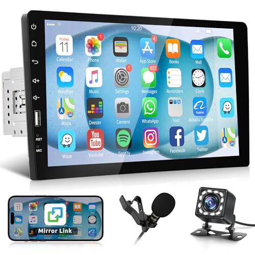 Autoradio 1 Din mit Bluetooth Freisprecheinrichtung Android/IOS Mirror Link 9 Zoll Touchscreen Autoradio mit Bluetooth FM Radio USB/AUX/TF/EQ/7 Farben Licht Lenkradsteuerung + Rückfahrkamera Mikrofon von Rimoody