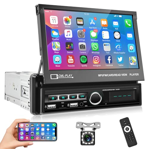 Autoradio 1 Din mit Bluetooth Freisprecheinrichtung IOS/Android Mirror Link 7 Zoll Ausfahrbarem Touchscreen Autoradio mit Bluetooth FM Radio/TF/USB/AUX/DVR/7 Farben Lenkradsteuerung + Rückfahrkamera von Rimoody