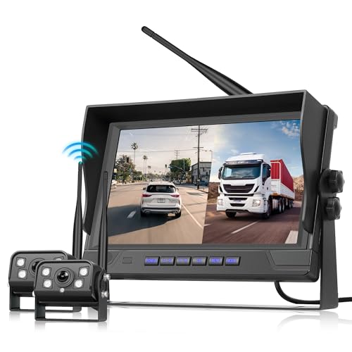 Kabellose Digitale Rückfahrkamera, 2 Kamera Set mit 9 Zoll IPS Monitor, IP68 wasserdichte Rückfahrkamera, Nachtsicht, Bildumdrehung, BSD, Loop-Video, für LKW/Anhänger/Wohnmobil/Bus Autoradio von Rimoody