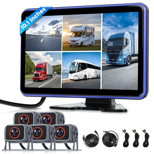 Digitale Wired Rückfahrkamera 5 Kamera kit mit 10.1 Zoll IPS Monitor mit 5M+15M Kabel, Rückfahrkamera IP68 Wasserdicht, Nachtsicht, Bildumdrehung, BSD, Loop-Video, DVR Autoradio von Rimoody