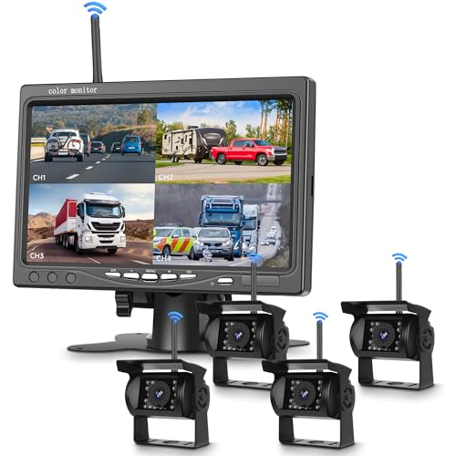 Kabellos Rückfahrkamera 4 Kameras Set, 7 Zoll Monitor 4 Geteilte Bildschirm, 1080P Funk Rückfahrkamera IP68 Wasserdicht, Nachtsicht, BSD, Image Flip, Rückwärtshilfe für LKW/Bus/Van/Wohnmobile/Anhänger von Rimoody